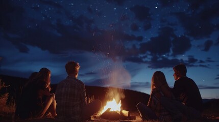 A group of friends sit around a bonfire backs turned towards the camera as they share stories and laughter in the quiet serenity . . - obrazy, fototapety, plakaty
