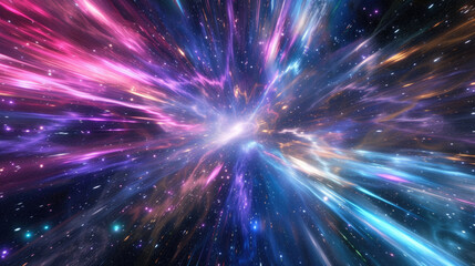 Lightspeed time travel background showcasing a fast journey through star galaxies and cosmos exploration. A neon line streak abstract backdrop illustrates the motion of traveling at the speed of light
