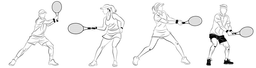 Set of tennis players holding a rackets to hit the ball, drawn in outlines, black on white background