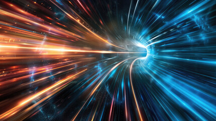 Obraz premium A neon light line tunnel depicts motion through a fast journey in space and time, forming a lightspeed time travel abstract speed background