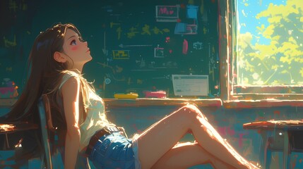 Naklejka premium a casual cool young woman sits confidently backwards on a chair in a classroom, Dressed in denim shorts and a snug-fit top. vibrant digital artwork, animation style illustration. generative AI