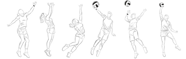 Set of volleyball players jumping and hitting the ball, drawn in outlines, black on white background