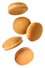 Fresh burger buns falling on white background