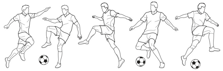 Set of soccer players who run and kick the ball, drawn in outlines, black on white background © Olga Moonlight