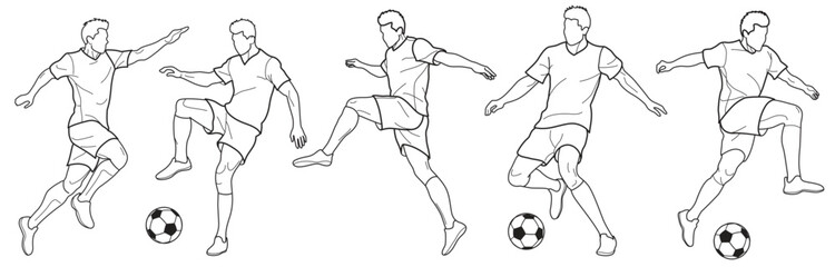 Set of soccer players who run and kick the ball, drawn in outlines, black on white background