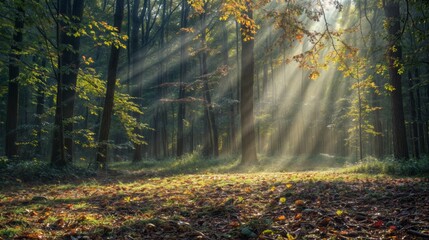 Autumn forest with sunbeams shining through the trees, - obrazy, fototapety, plakaty