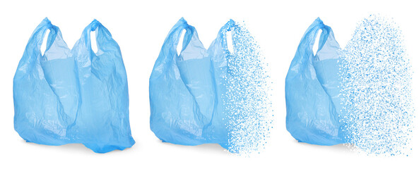 Blue disposable bag vanishing on white background, set. Plastic decomposition