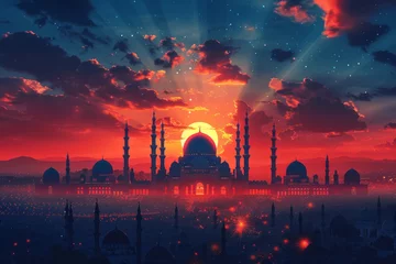 Fotobehang Free vector eid mubarak festival mosque greeting background,generative ai © Chanya2498