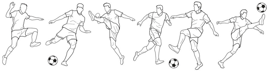 Set of soccer players who run and kick the ball, drawn in outlines, black on white background