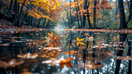 Autumn leaves on the surface of the water in the park.