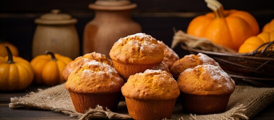 A variety of delicious muffins arranged closely together on a wooden table, showcasing different...