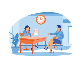 The woman meets the doctor. Consulting about health at the work desk. Medical Consultation concept. Flat vector illustration.
