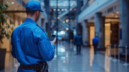 A man in a crisp blue uniform stands off to the side attention focused on phone as monitors the buildings security cameras . .