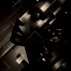 ai generated hyper realistic beautiful black woman in a dark, moody atmosphere in the style of a SCI-FI thriller movie poster with abstract lines and geometric shapes