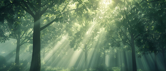 The sun's rays filter through the trees in a foggy forest, creating a magical natural landscape with misty surroundings.