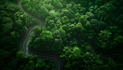 Aerial view of dark green forest road and white electric car Natural landscape and elevated roads Adventure travel and transportation and environmental protection concept - obrazy, fototapety, plakaty