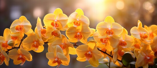 Multiple yellow orchid flowers with striking orange centers blooming beautifully in a serene garden...