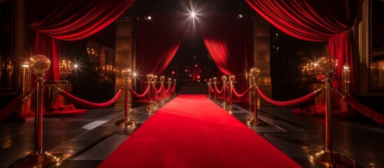A luxurious red carpet arrangement featuring shiny gold poles and stylish red curtains for a grand event - obrazy, fototapety, plakaty