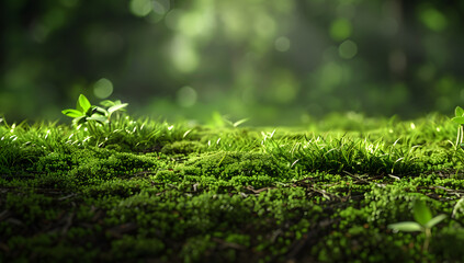 A stone covered with green moss on a blurred forest background. Close - up. Natural background with...