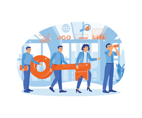 Successful teamwork. Office staff working together towards business targets. Teamwork concept. Flat vector illustration.
