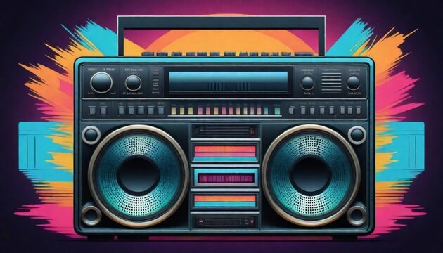 A retrostyle boombox with colorful cassette tapes  (1)
