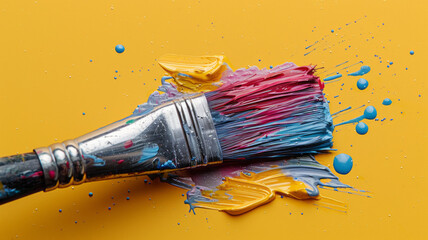 A paintbrush with vibrant colors on its bristles is artistically splashing a spectrum of paint against a bright yellow background,generative ai