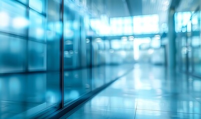 Blurry glass façade of a modern business office in the bustling city center, ideal for business-themed backgrounds. Captures the essence of corporate work environment