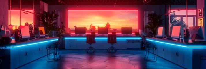 Foto op Plexiglas sunset in the city, Modern Internet Cafe Interior with Neon Light Glow © MAamir