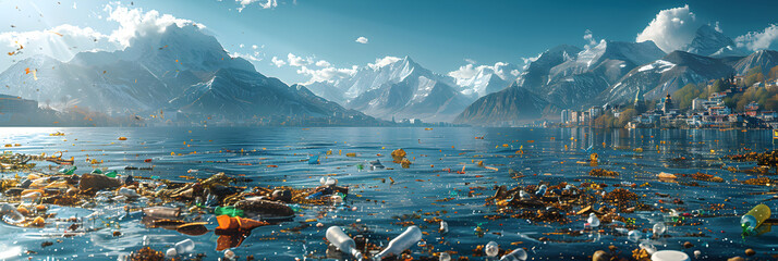 lake and mountains,
Mountains of Garbage on the Water. Plastic Waste