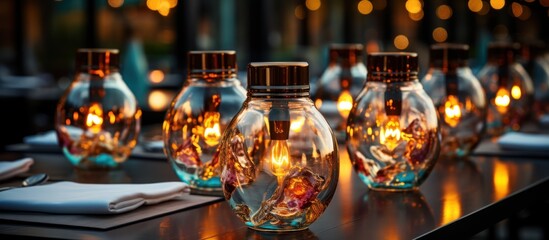 Fototapeta na wymiar portait Decorative style light bulbs in glass cafe at night
