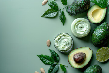 a jar of facial cream and cut avocados against a light green background,generative ai - obrazy, fototapety, plakaty