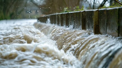 A photograph of a flood barrier with water gushing against it showcasing the effectiveness of flood protection measures.
