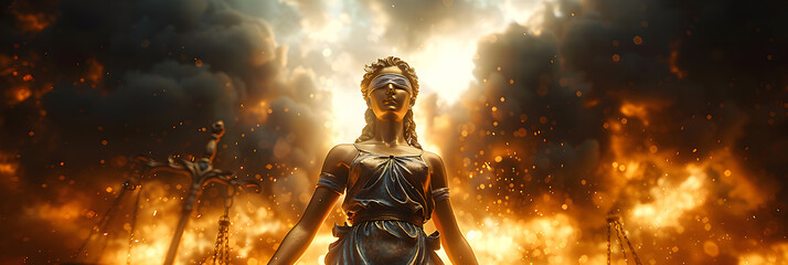 close up of a burning torch,
 Themis, Goddess of Law and Justice with Ancient Books - obrazy, fototapety, plakaty
