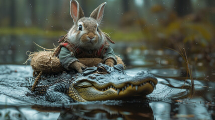 bunny riding an alligator.generative ai
