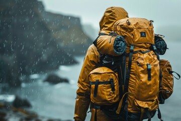 A lineup of modern outdoor gear designed for adventurers braving the rugged Nordic landscape embodies the spirit of exploration and resilience. - obrazy, fototapety, plakaty