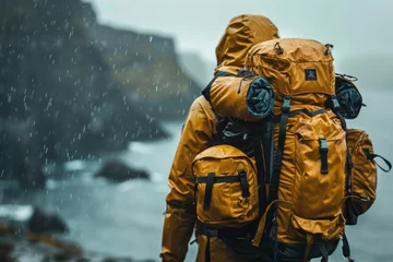 Fotobehang A lineup of modern outdoor gear designed for adventurers braving the rugged Nordic landscape embodies the spirit of exploration and resilience. © 2D_Jungle