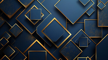 Abstract geometric shape overlapping on dark blue background with golden lines. Luxury and elegant design. Vector illustration