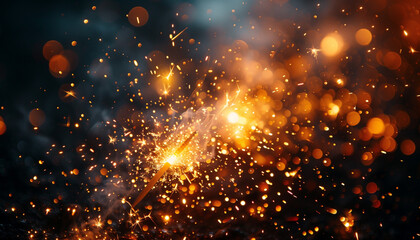 Festive sparkler sending ember particles all over, glittering blurry fire