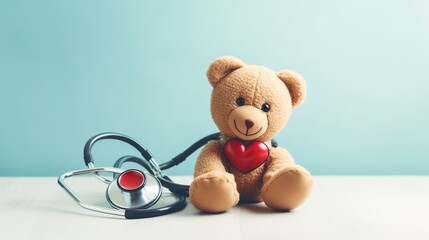 Cute teddy bear with stethoscope for family doctor or pediatrician concept.