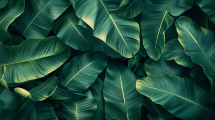 tropical banana leaf texture, large palm foliage nature dark green background,generative ai