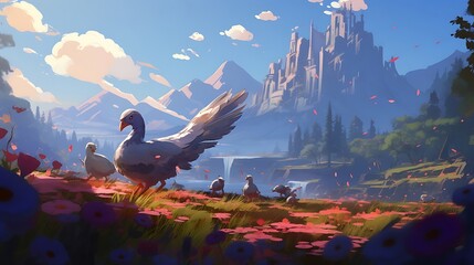 Harmony in Nature: A Radiant Meadow Scene of a Turkey Family Delighting in Foraging Amidst Sunlight's Embrace, Captivating Serenity and Togetherness - obrazy, fototapety, plakaty