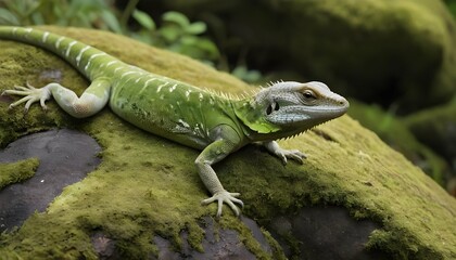 A Lizard With Its Skin Blending Into A Mossy Rock  2 - obrazy, fototapety, plakaty
