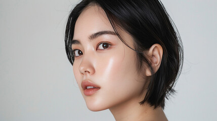 Beautiful young Asian woman with clean fresh skin looking captivatingly at the camera against a solid background. Face care, cacial treatment, cosmetology, beauty and spa