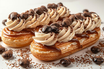 three eclairs with carmel cream on a white background