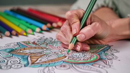 Naklejka premium close-up of female hand coloring a mandala, calming hobby, artistic workshop, anti-stress activity