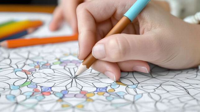 close-up of female hand coloring a mandala, calming hobby, artistic workshop, anti-stress activity