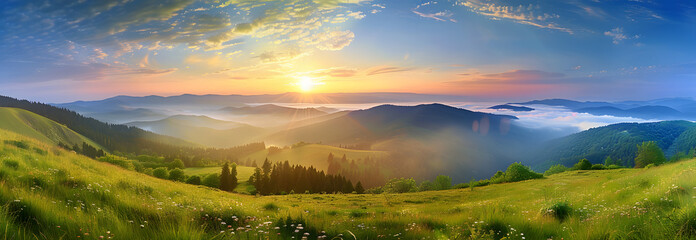 Fototapeta na wymiar Beautiful panoramic landscape of a green hills at sunset