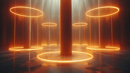 Speaker and LED bar wind chime in a dimly lit space. Gently swaying LED bars cast warm white and amber light traces,generative ai