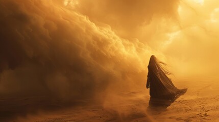 In the middle of a desolate desert a lone figure stands with their back to the camera staring up at a sandstorm looming in the distance. . . - obrazy, fototapety, plakaty