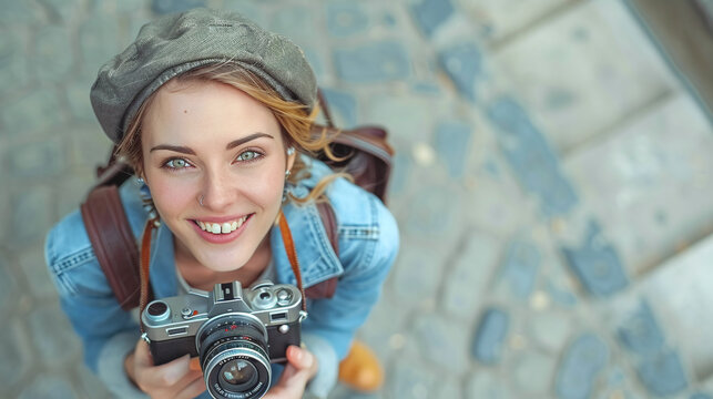 high angle view of woman holding a vintage camera, photography hobby, happy tourist photographing vacations